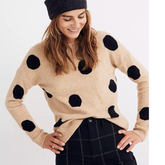 Madewell Dot Graystone Long Sleeve Pullover Sweater in Tan & Black Small - Picture 1 of 8